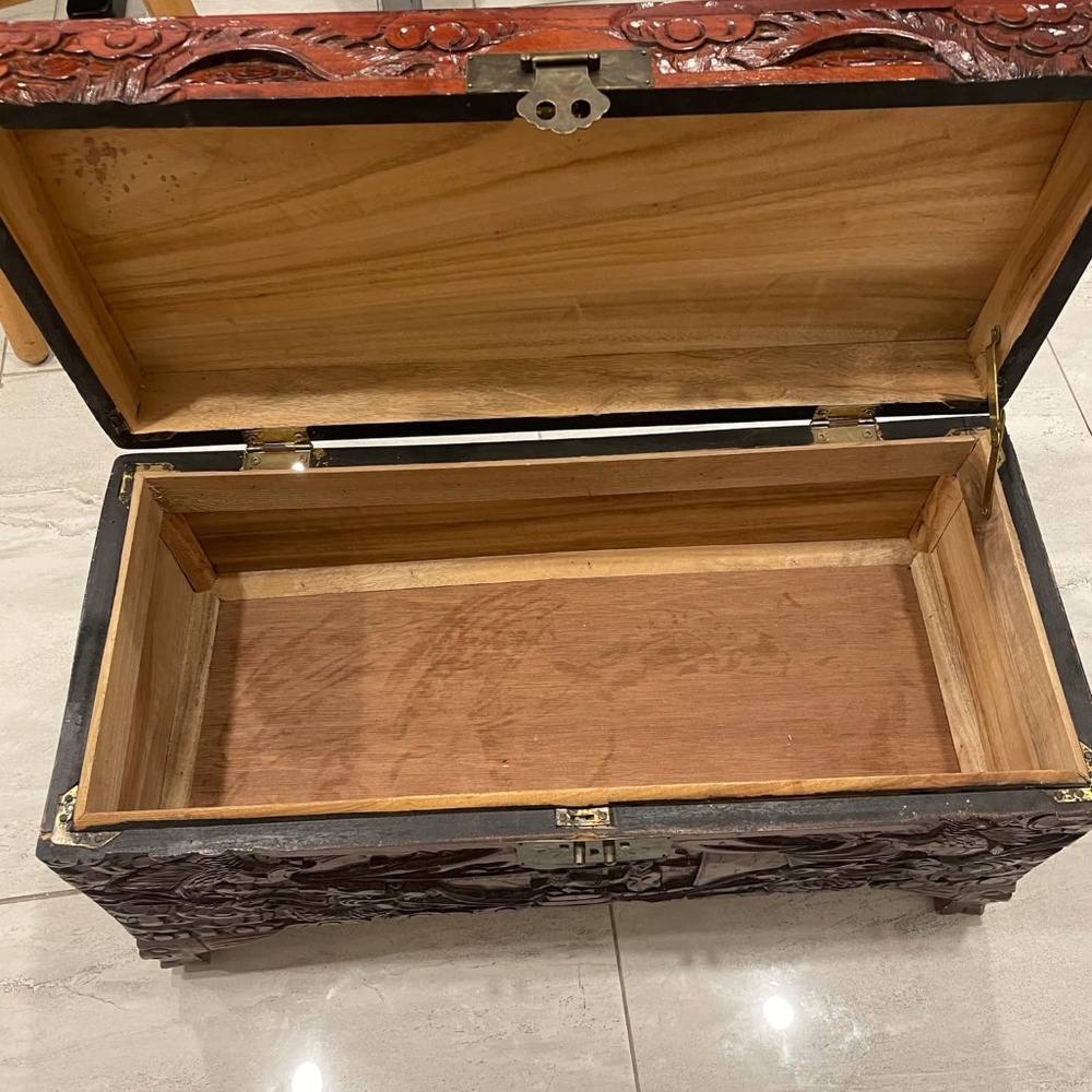 Antique Chinese Carved Camphor Wood Chest Blanket Trunk - Picture 2 of 6